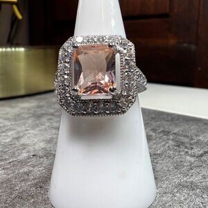 Ring Bomb Party Ring, size 7, light peach stone silver color band, CZ looking